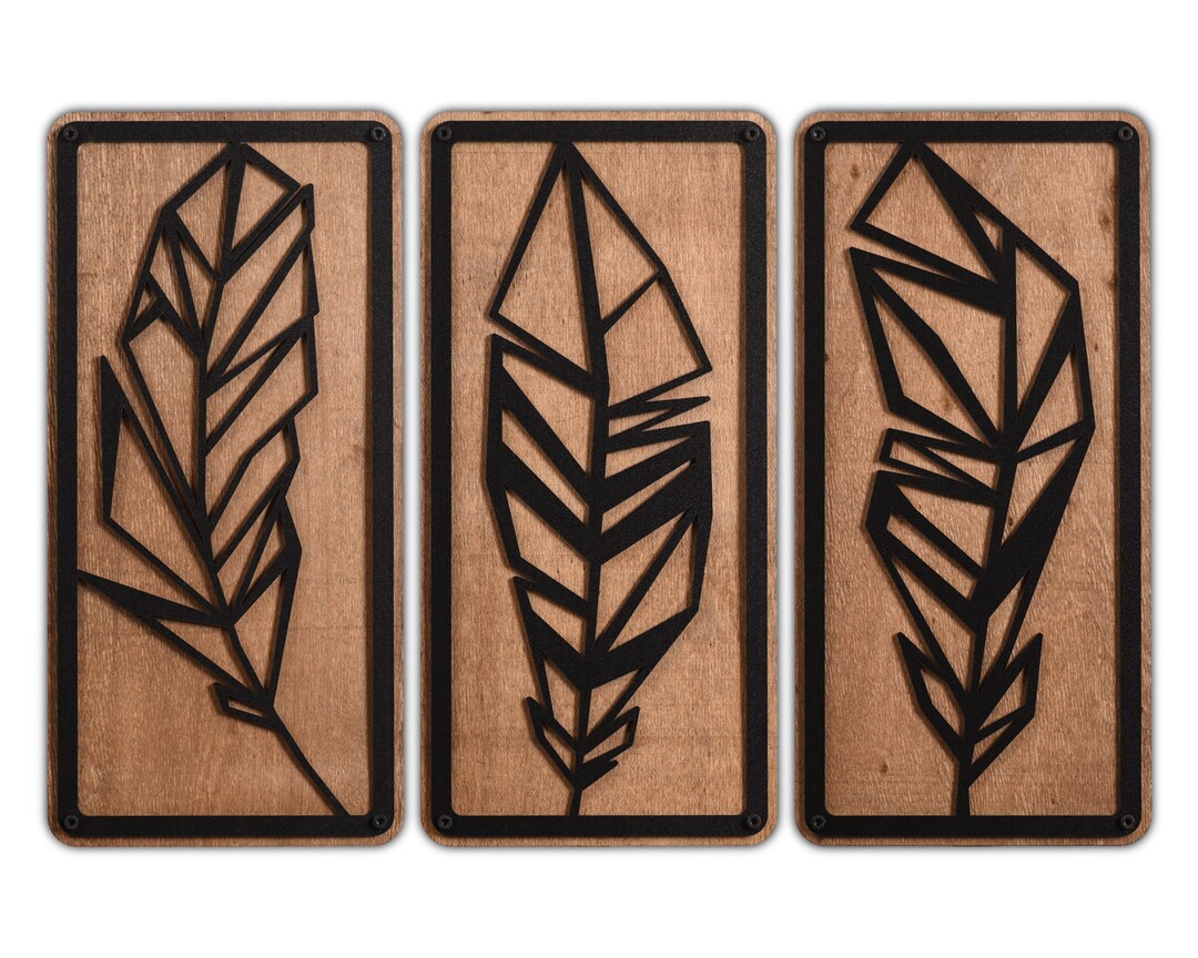 Feather Wood Wall Decor, Plume Wood Wall Art, Geometric Wall Decor Set ...