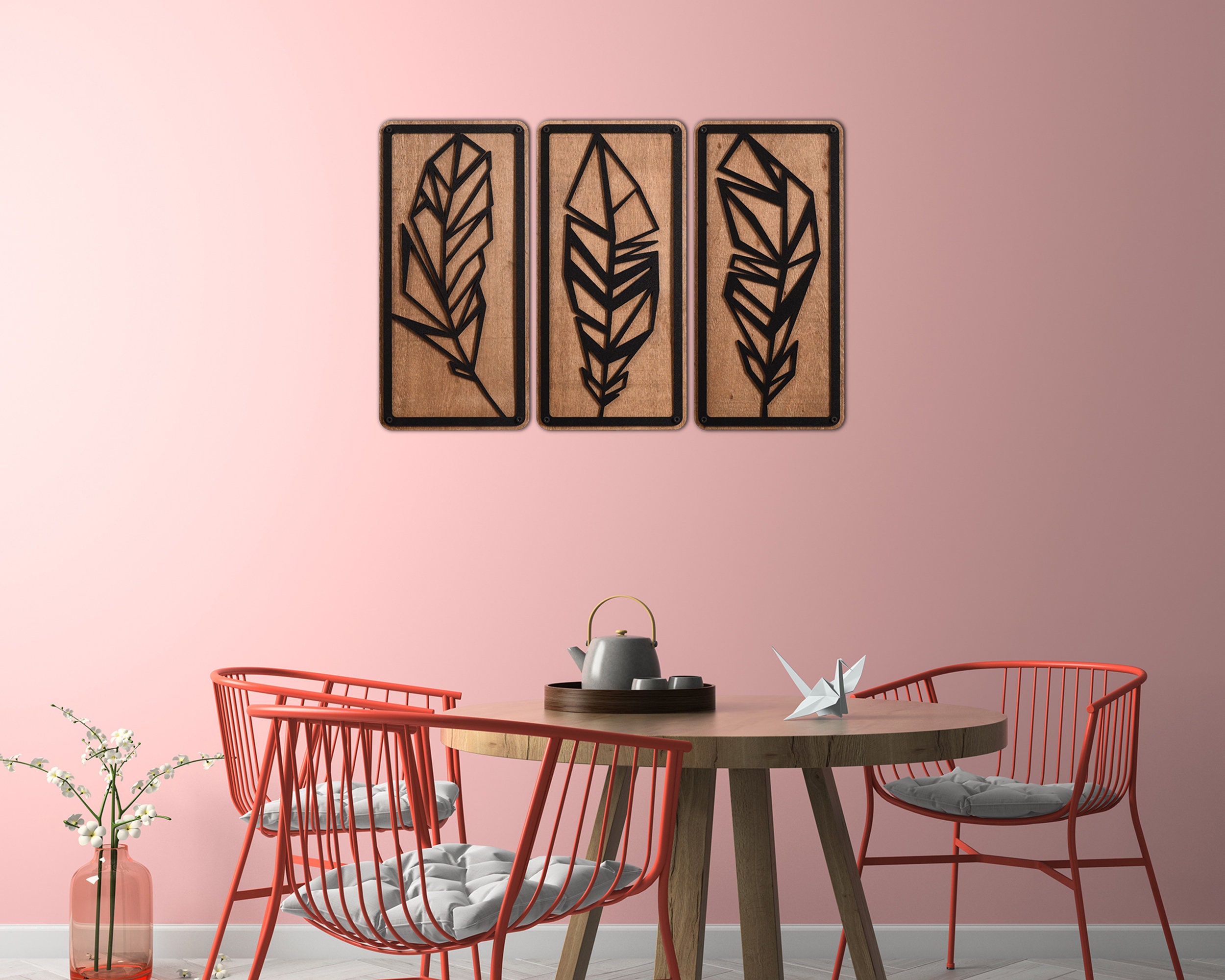 Feather Wood Wall Decor, Plume Wood Wall Art, Geometric Wall Decor Set ...