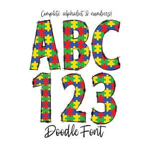 Autism Puzzle Piece Doodle Font Letters, Autism Awareness Doodle Letters png, Fuente manuscrita, Alpha Bundle, Creación de archivos