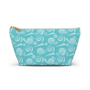 Blue Seashell Makeup Bag, Vacation Travel Toiletry Case, Bridesmaid Gift, Zipper Pouch with T-bottom, Beach Lover Cosmetic Bag