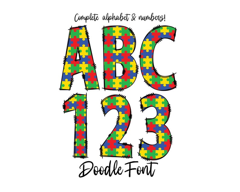 Autism Puzzle Piece Doodle Font Letters Autism Awareness Etsy