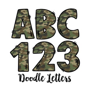 Green Camo Doodle Font Bundle, Doodle Font Letters, Letters png, Handwritten Font, Alpha Bundle, Sublimaiton png, Army Camo
