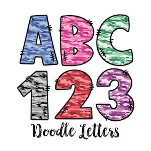 Pacote de fontes Camo Doodle, Letras de fontes Doodle, Letras png, Fonte manuscrita, Pacote Alpha, Sublimaiton png