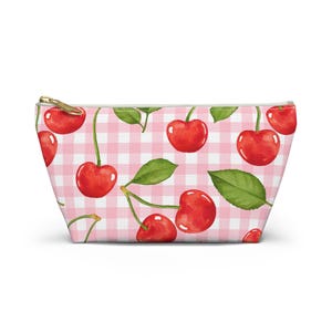 Accessory Pouch w T-bottom, Cute Cherry Pink Plaid Makeup Bag, Summer Cosmetic Case, Floral Toiletry Organizer, Zipper Pouch Gift, Travel