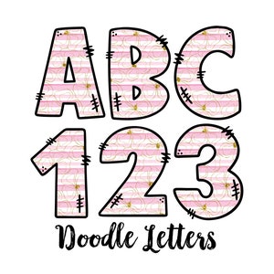 Pink Floral Striped Doodle Font Letters, Doodle Letters png, Handwritten Font, Alpha Bundle, Floral Letter Bundle png