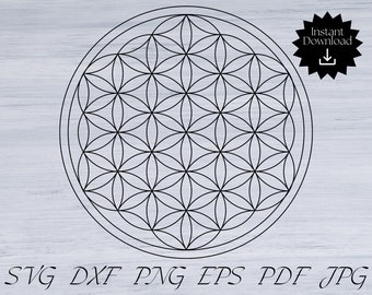 May include: A black and white geometric design of a flower of life, a sacred geometry symbol, in a circle. The design is on a white background.