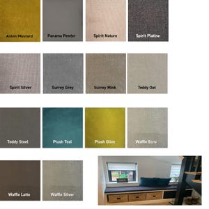 May include: A grid of fourteen fabric swatches in various colors and textures, labeled Aston Mustard, Panama Pewter, Spirit Nature, Spirit Platine, Spirit Silver, Surrey Grey, Surrey Mink, Teddy Oat, Teddy Steel, Plush Teal, Plush Olive, Waffle Ecru, Waffle Latte, and Waffle Silver, alongside a photo of a window seat with dark cushions and storage baskets.
