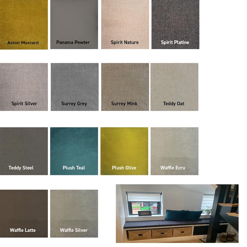 May include: A grid of fourteen fabric swatches in various colors and textures, labeled Aston Mustard, Panama Pewter, Spirit Nature, Spirit Platine, Spirit Silver, Surrey Grey, Surrey Mink, Teddy Oat, Teddy Steel, Plush Teal, Plush Olive, Waffle Ecru, Waffle Latte, and Waffle Silver, alongside a photo of a window seat with dark cushions and storage baskets.