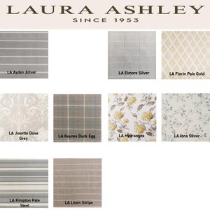 May include: A collection of Laura Ashley fabric swatches featuring various patterns including stripes, grids, floral prints, and damask designs in shades of grey, gold, blue, and white, each labeled with names like Ayden Silver and Hydrangea.