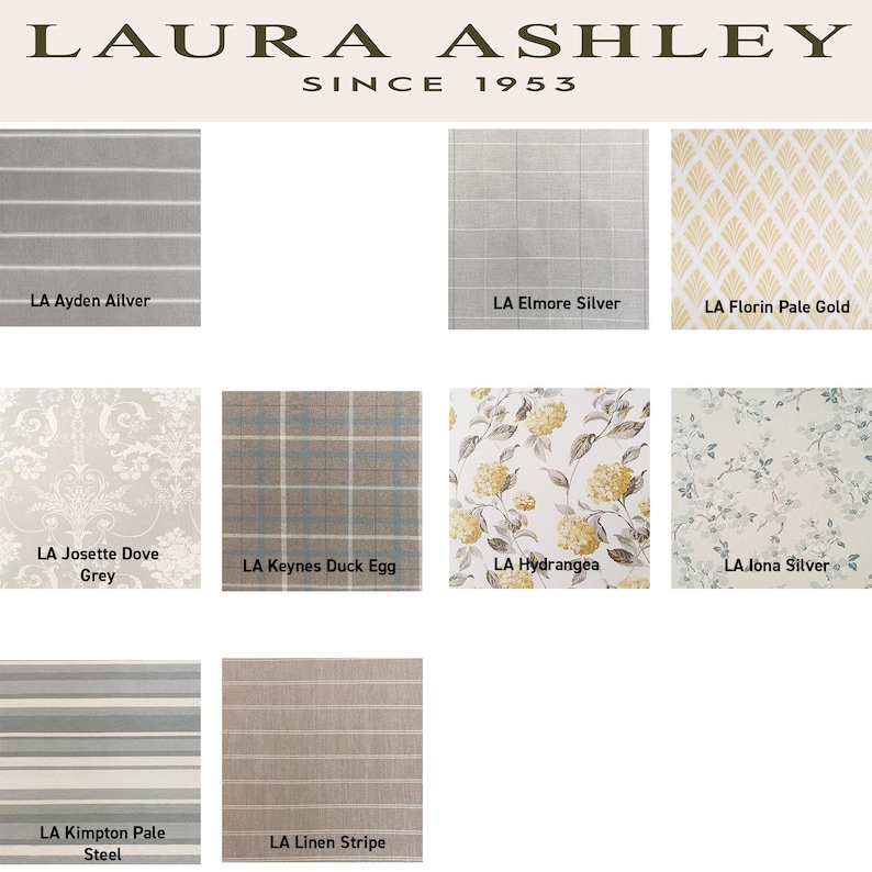 May include: A collection of Laura Ashley fabric swatches featuring various patterns including stripes, grids, floral prints, and damask designs in shades of grey, gold, blue, and white, each labeled with names like Ayden Silver and Hydrangea.