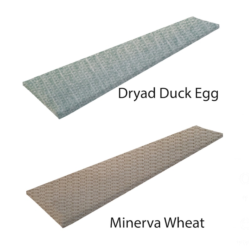 May include: Two fabric samples, one in a light green color with a subtle pattern and the text "Dryad Duck Egg", and the other in a light brown color with a subtle pattern and the text "Minerva Wheat".