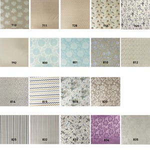 May include: A grid of twenty fabric swatches featuring various patterns and colors, each labeled with a unique identification number from 710 to 835. The collection includes floral, geometric, striped, and solid designs in neutral and vibrant tones.