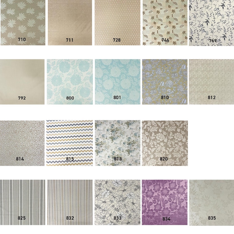 May include: A grid of twenty fabric swatches featuring various patterns and colors, each labeled with a unique identification number from 710 to 835. The collection includes floral, geometric, striped, and solid designs in neutral and vibrant tones.