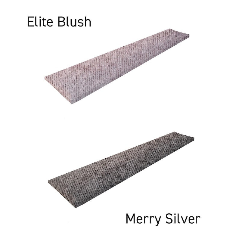 May include: Two fabric swatches, one in a light pink and gray color called "Elite Blush" and the other in a dark gray color called "Merry Silver".