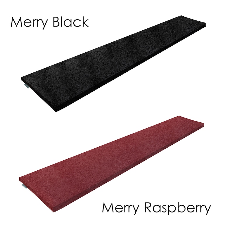 May include: Two long, narrow, rectangular, fabric-covered shelves. The top shelf is black and labeled "Merry Black". The bottom shelf is red and labeled "Merry Raspberry".