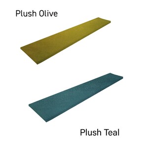 May include: Two fabric swatches, one in a plush olive green and the other in a plush teal blue. The swatches are laid out horizontally on a white background. The text "Plush Olive" is above the olive green swatch and the text "Plush Teal" is below the teal blue swatch.