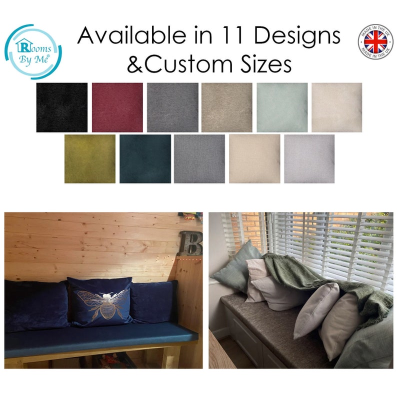 May include: A blue velvet bench with a bee-shaped pillow. The bench is in front of a wood-paneled wall. The image also shows a selection of 11 different fabric swatches in various colors and textures. The text "Available in 11 Designs & Custom Sizes" is displayed above the swatches. A small logo with the text "Rooms By Me" is in the top left corner of the image. A "Made in the UK" logo is in the top right corner of the image.