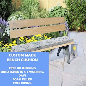 May include: Custom made bench cushion with a floral pattern. The cushion is foam filled and has free piping. Free UK shipping, dispatched in 5-7 working days.