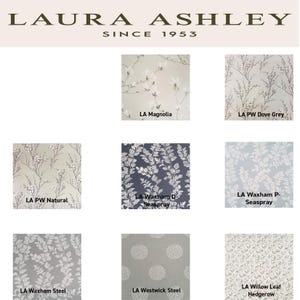 May include: A collection of eight wallpaper samples by Laura Ashley Since 1953. The patterns include LA Magnolia, LA PW Dove Grey, LA PW Natural, LA Waxham D-Seaspray, LA Waxham P-Seaspray, LA Waxham Steel, LA Westwick Steel, and LA Willow Leaf Hedgerow.