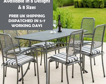 May include: A set of six black metal chairs with striped cushions surrounding a black metal table. The chairs and table are on a gray patio surface. The text "Outdoor Chair Pads Available in 8 Designs & 8 Sizes FREE UK SHIPPING DISPATCHED IN 5-7 WORKING DAYS" is displayed in a white box at the top of the image.