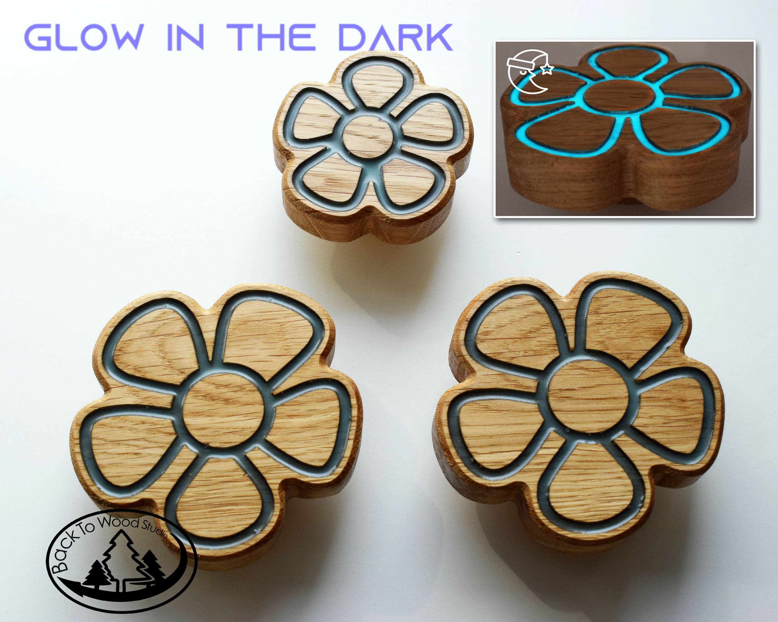 Set of 3 Baby Room Wall Hooks, (2L +1M) Glow In The Dark, Wooden Flowers With Glow Effect, Wood Epoxy Hooks, children's room decoration
