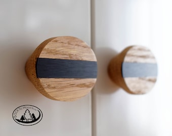 Poignées ovales en bois avec décor noir unique, boutons de tiroir en bois, poignée ellipse en chêne, poignées de garde-robe, poignées en bois minimalistes, boutons d'armoire