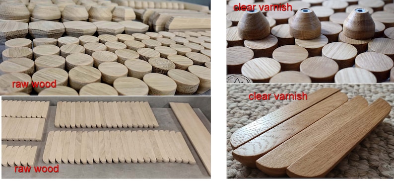 Pu&ograve; includere: Primo piano di pomelli e maniglie in legno in due finiture: legno grezzo e vernice trasparente. I pomelli sono rotondi e le maniglie sono rettangolari con bordi arrotondati. I pomelli e le maniglie sono disposti in una griglia.