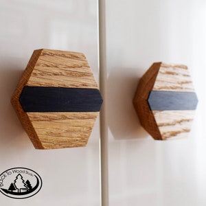 Wooden Hexagonal Handles With Single Black Decor, Wood Drawer Knobs, Oak Hexa Handle, Wardrobe Pulls, Minimalist Wood Handles, Cabinet Knobs