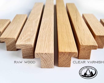 Maniglie in legno della linea H07, rovere massello, estremità a L, maniglie lunghe per mobili, maniglie in legno per cassetti, maniglie sottili per armadi, maniglie moderne in legno