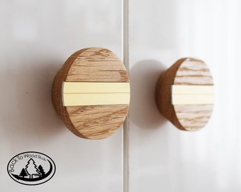 Wooden Round Handles With Single Gold Decor, Wood Drawer Knobs, Oak Circle Handle, Wardrobe Pulls, Minimalist Wooden Handles, Cabinet Knobs