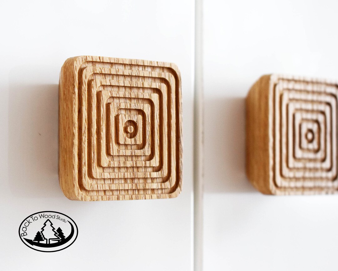 Wooden Square Handles, Wood Engraving Pattern, Wood Drawer Knobs, Oak