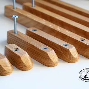 Pu&ograve; includere: Un set di sette maniglie per cassetti in legno con forma rettangolare arrotondata e una vite argentata al centro di ogni maniglia. Le maniglie sono disposte in fila dal pi&ugrave; grande al pi&ugrave; piccolo.