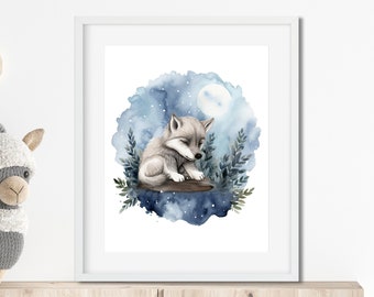 Sleepy Wolf | Nursery Woodland Print | Nursery Wall Art | Woodland Nursery Decor | Nursery Prints | Printable Wall Art | Nursery Decor