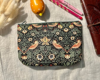 Pencil case/ Toiletry bag/ bag organizer, lined and zipped, cotton fabric Strawberry thief pattern by William Morris