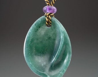 Hand Carved Jade Pendant: Amethyst Bead, Silk Braid