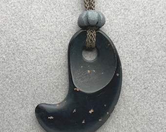 Hand carved jade pendant, "Spotted Magatama", California nephrite, argillite beads