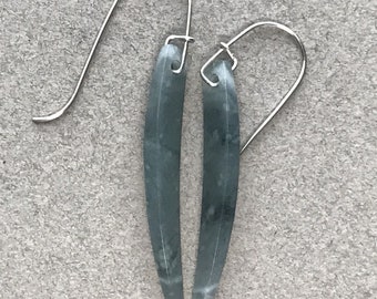 Handmade jade earrings, gray Guatemalan jadeite. "Tusk" Sterling silver wires