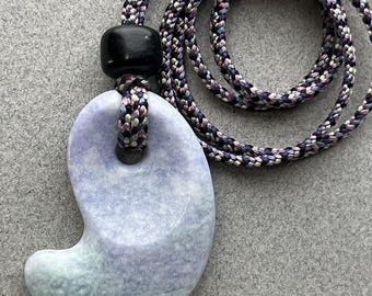 Hand carved jade pendant, "Lavender and Green Magatama ", with onyx beads and hand braided silk