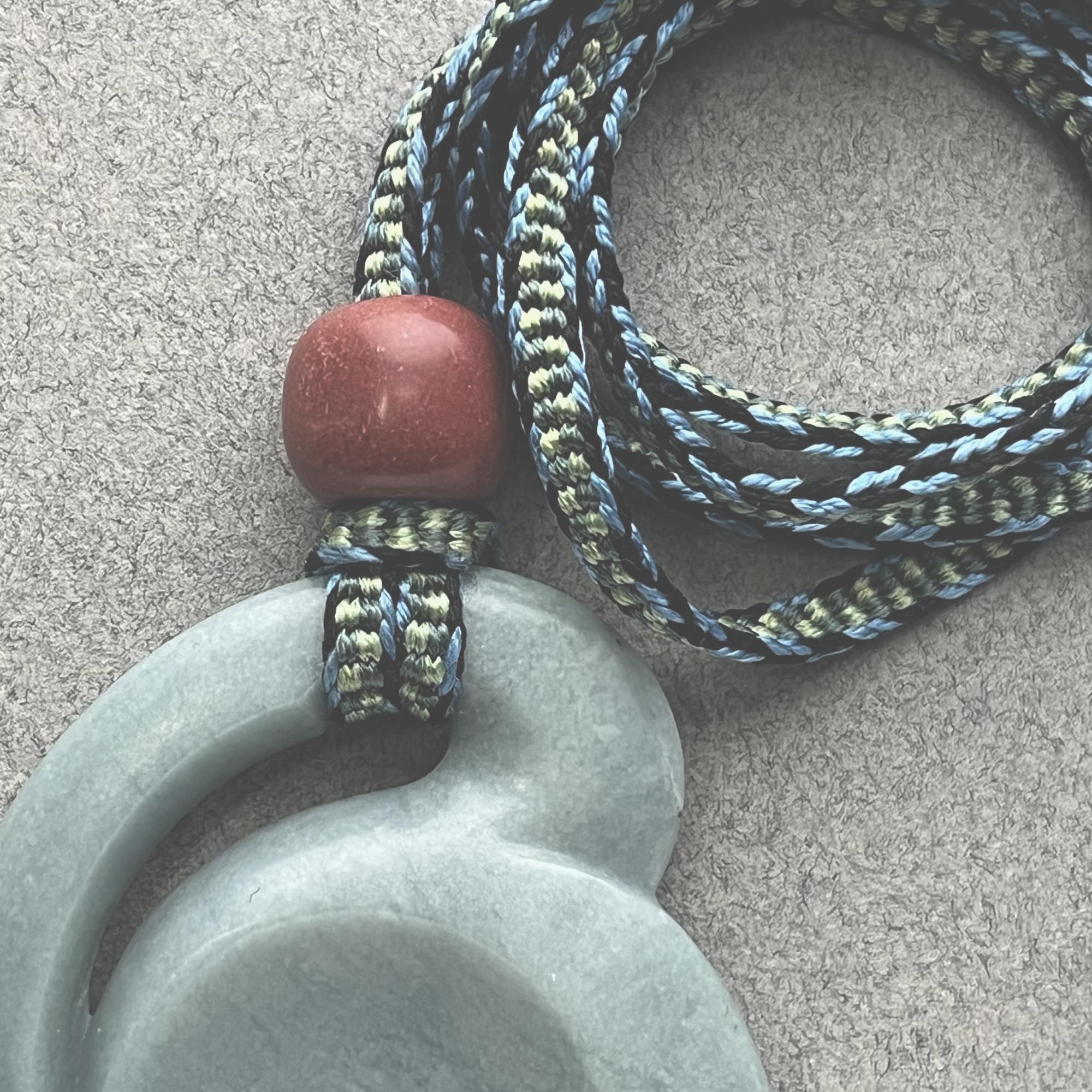 Hand Carved Pale Blue Jadeite Pendant, Argillite Bead, Braided Silk ...
