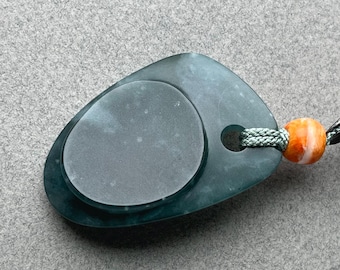 Hand carved jade pendant, "Collage Triangle" Wyoming nephrite, spondylus beads, silk braid