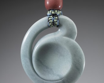 Hand Carved Pale Blue Jadeite Pendant, Argillite Bead, Braided Silk Cord