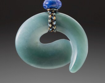 Hand carved jadeite pendant, "Blue Tadpole" with lapis beads & hand braided silk