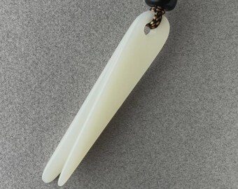 Hand carved jade pendant, "White Tweezers", Siberian nephrite, with obsidian beads and hand braided silk