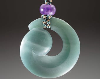 Hand Carved Guatemalan Jade Pendant: Amethyst Bead & Hand Braided