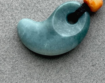 Hand carved jade pendant, "Blue Ombre Magatama ", spondylus beads and silk cord