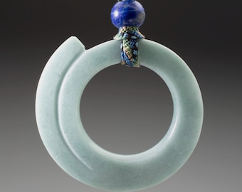 Hand Carved Jade Disc Pendant: Lapis Bead & Hand Braided Silk