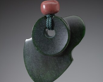 Hand carved jade pendant, "Amoeba Collage" Wyoming nephrite, argillite beads, silk braid