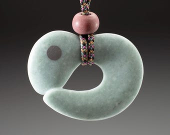 Hand Carved Guatemalan Jade Pendant, "Baby Dinosaur" Argillite Bead & Hand Braided Silk