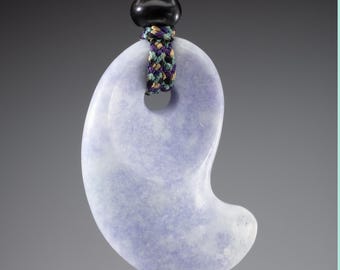 Hand carved jade pendant, "Lavender Magatama ", with obsidian beads and hand braided silk
