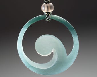 Hand Carved Jade Pendant Necklace: Two-Tone Shell Slice, Smoky Quartz, Braided Silk